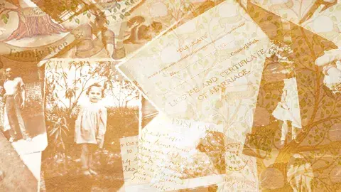 photo composite of old family photos, postcards and documents