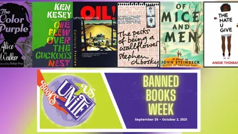 6 banned books and banned books week logo