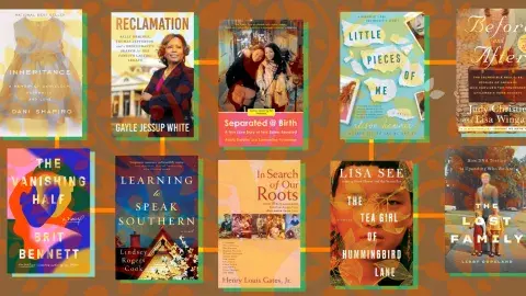 Collage of books about unknown genealogy, family tree and adoption