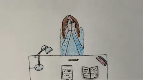 Drawing of a girl with her head in her hands at her desk