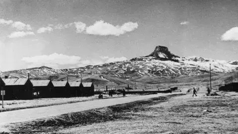 Panoramic view of Heart Mountain Relocation Center, the WWII Japanese American internment camp in Wyoming, [ca 1943]. Shades of L.A.: Japanese American Community