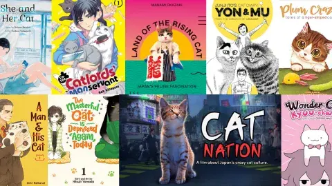 Collage of books and a film about cat manga in Japan