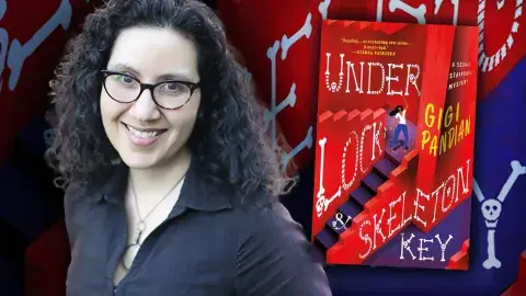 Author Gigi Pandian and her latest book, Under Lock & Skeleton Key