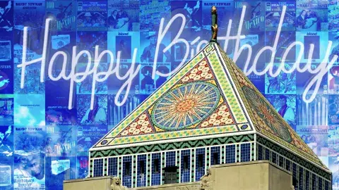 Albums covers collage with words Happy Birthday behind Central Library building