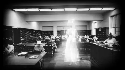 ghost lady walking through the library
