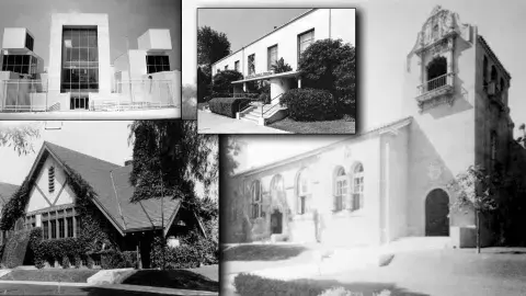 Clockwise from top left, Frances Howard Goldwyn Hollywood Regional Branch Library at 1623 Ivar Avenue (1986-present): Hollywood Branch Library at 1623 Ivar Avenue (1940-1982); Hollywood Branch Library at 6357 Hollywood Boulevard (1923-1939); Hollywood Branch Library at 6357 Hollywood Boulevard (1907-1922). Los Angeles Public Library Institutional Collection