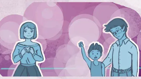 comic of a mom standing away from her husband and child. in pinks and blues