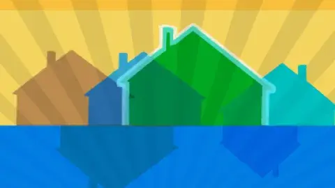 blue, green and yellow houses illustration