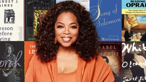 Oprah and background collage of selected books from her book club