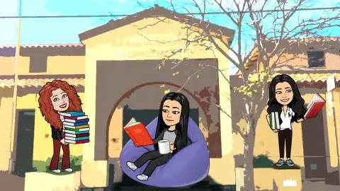 comic of 3 teens in front of the library