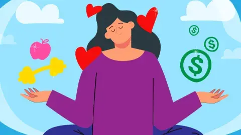 Illustration of person contemplating on love, health and money