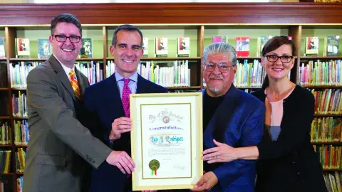 City Librarian John Szabo, Mayor Eric Garcetti, Poet Laureate Luis J. Rodriguez, and Cultural Affairs Director Danielle Brazell  