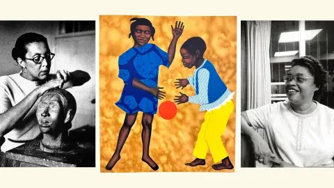 Elizabeth Catlett, artwork with a boy and a girl and a red ball, and photo of Margaret
