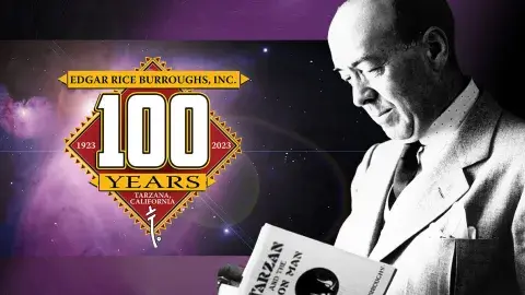 Edgar Rice Burroughs Incorporated logo celebrating 100 years. Author Edgar Rice Burroughs reading his book Tarzan and The Lion Man