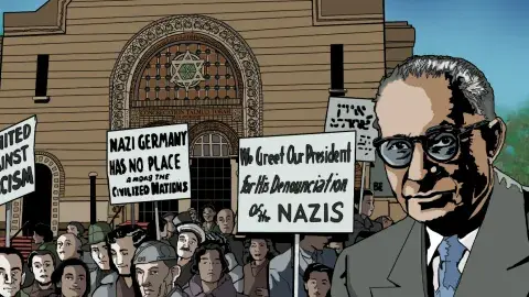 Julius Levitt is pictured on this coloring page in front of Breed Street Shul