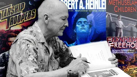 Science Fiction writer, Robert A. Heinlein against a collage of his books