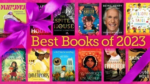 Collage of selected LAPL Best of Books 2023 with a fuchsia ribbon