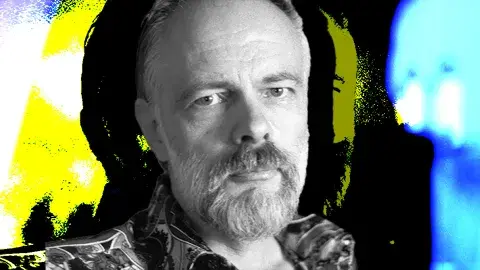 Photo of author Philip K Dick against a surreal background