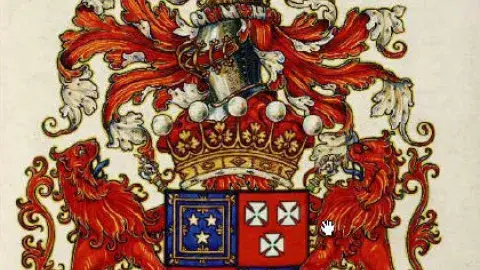 Groovy, complicated heraldic achievement