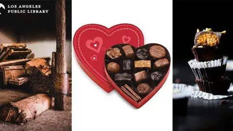 graphic of chocolates in a heart box, raw chocolate and stacked chocolate candies in wrappers