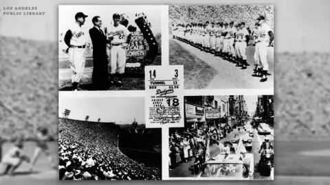 Montage of four photographs and a ticket for the opening game of the Los Angeles Dodgers, April 18, 1958.