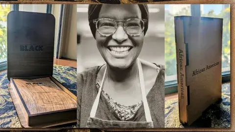 Book artist Tia Blassingame and her art books, Black: A Handbook and African American: A Handbook