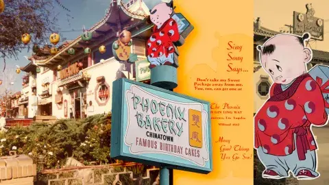 Phoenix Bakery in early 1940s Central Plaza, current Phoenix outdoor sign and menu cover with Sing Song