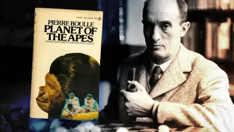 Colorize photo of French author Pierre Boulle and his science fiction book, Planet of the Apes