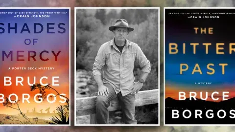 Bruce Borgos between his 2 books covers, Shades of Mercy and the Bitter Past