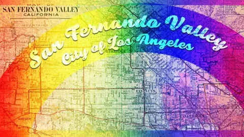 Pride colors over 20th century map of San Fernando Valley