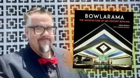 Author Chris Nichols and his latest book, Bowlarama!: The Architecture of Mid-Century Bowling