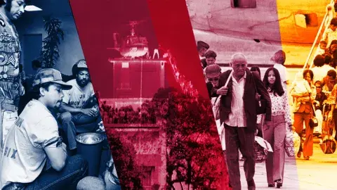 collage of 4 images from the fall of Saigon