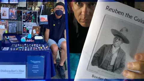 Zine author, John Dishwasher and his zine, Reuben the Guide