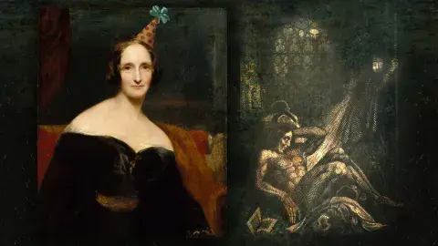 Mary Wollstonecraft Shelley and the insert page from her book Frankenstein
