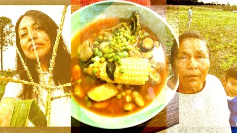 Collage of author with family and bowl of soup with corn
