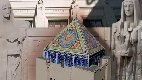 Collage of Central building and sculptures