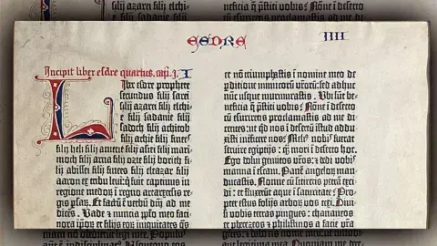 Close-up of a single page of the Gutenberg Bible, 1456