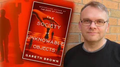 Gareth Brown and the cover of his book The Society of Unknowable Objects