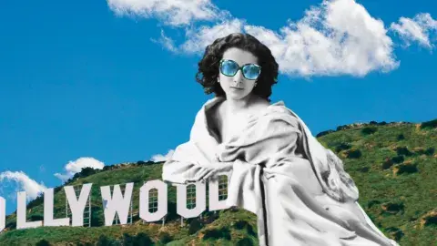 Sarah Bernhardt larger than life merged with a phto of the hollywood sign