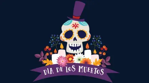 dia de los muertos text skull and candles
