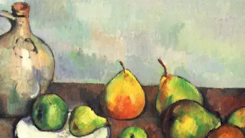 A still life painting with a pitcher, plate, and pears.