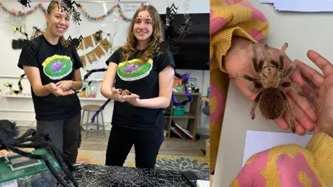 2 pictures. image on the right two women holding siders in back shirts with a logo on it. Picture on right, close up of a child's hands holding a large tarantula. 