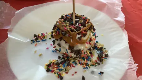 Chocolate and caramel apple with cookie crumbs, nuts, chocolate chips, and sprinkles