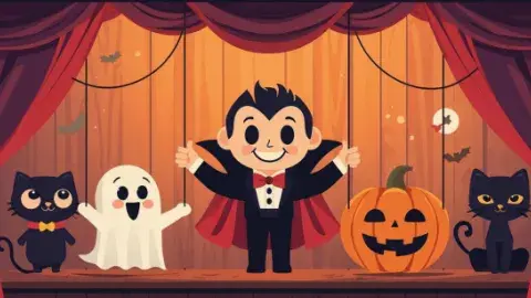 Cartoon graphic featuring various Halloween characters