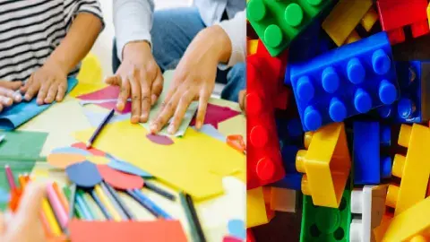 a photo of hands creating art from colorful paper and pencils strewn across a table, next to a photo of colorful plastic bricks