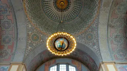 globe chandelier located in the Central Library rotunda