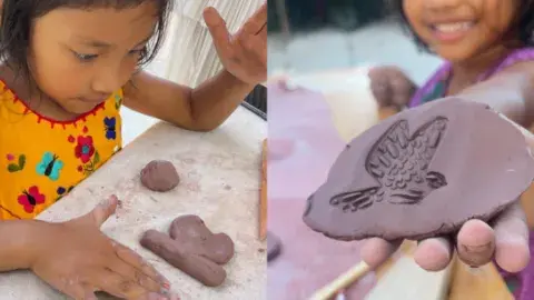 girl on left rolling clay and girl on left holding out clay product