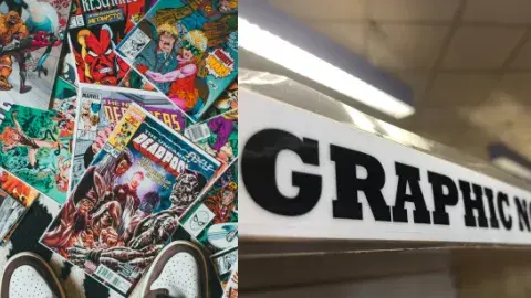 A picture of single comic issues and shelf signage 