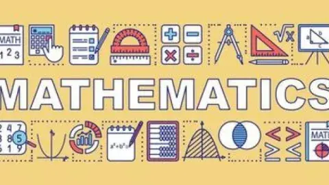 A yellow Mathematics banner bordered by math-related icons. 