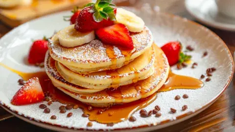 A stack of pancakes with syrup and fruit
